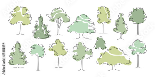 Drawing trees in line art. Hand drawn doodles trees and bushes. Botanical creative painting. Decorative elements