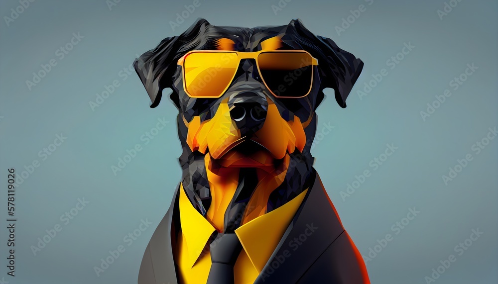 Fashion rottweiler in color suit with sunglasses on a solid color background, vector art, digital art, faceted, minimal, abstract, geometric. Generative AI.