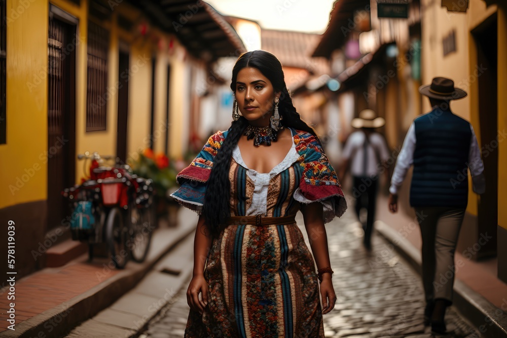 Colombian woman posing in a typical colombian city street. Generative AI