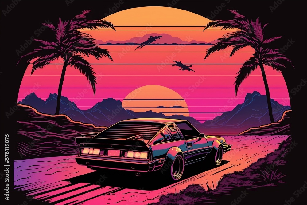 80s style illustration with car driving into sunset, synthwave style. Generative AI.