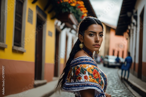 Colombian woman posing in a typical colombian city street. Generative AI photo