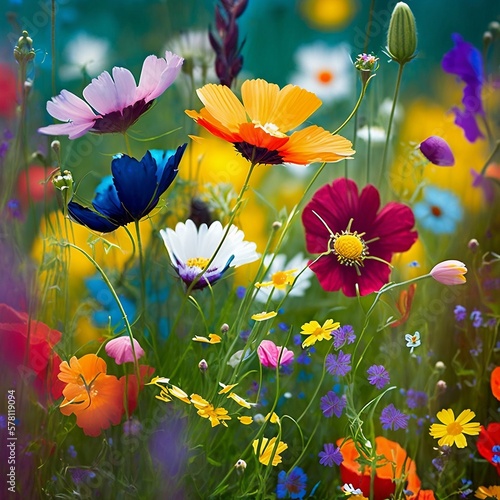 Colorful flower meadow in spring. Generative AI.
