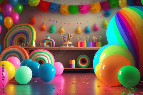 Colorful party decoration panorama. Generative AI.