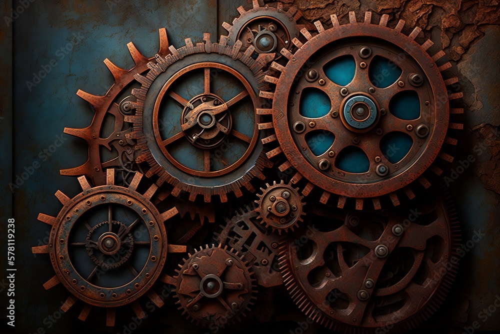 Old metal background with rusty details and gears. Generative AI.