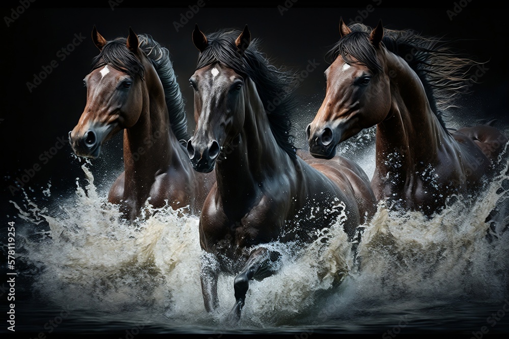 Fototapeta premium Three horses run along the river. Generative AI.