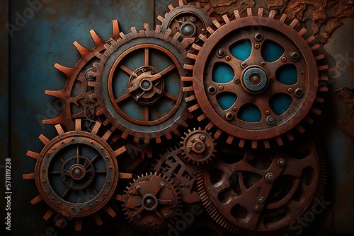 Old metal background with rusty details and gears. Generative AI.