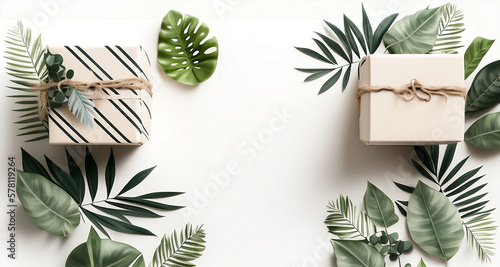 Craft gift boxes with green branches and leaves. Flat lay mockup. Ai generative
