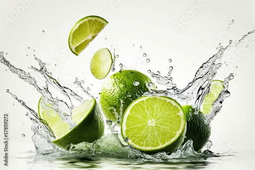 Water splashes with fresh limes on a white background. Generative AI.