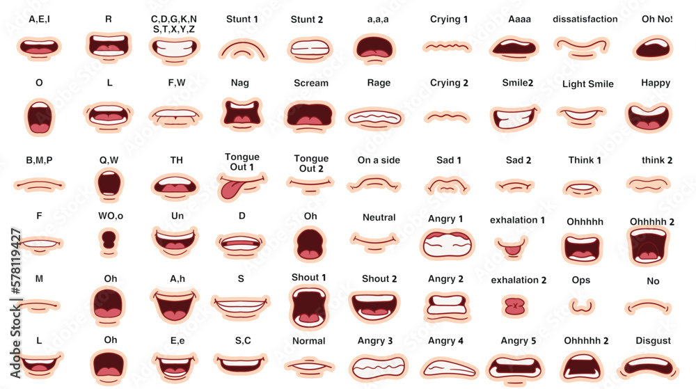 cartoon character talking mouth and lips expressions vector animations