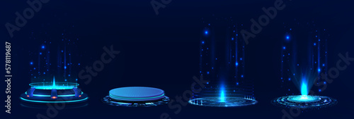 Fantastic circle portals, teleport, circle holograms with light and beam. Futuristic scenes for show product. 3D holograms with light, aura effect and glowing. 3D podiums set. Hi-tech, Sci-fi elements