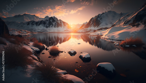 Landscape photograph of sunset behind snowy mountains