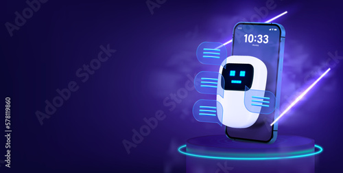 Communication with ai bot via mobile phone, 3d illustration. Generative bot for creating ideas, editing, searching for questions. AI chat bot based on artificial intelligence and neural networks. 