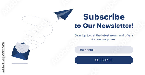 Subscribe to newsletter. Letter in envelope with flying paper plane. Sign up to news, promotions, offers, specials.
