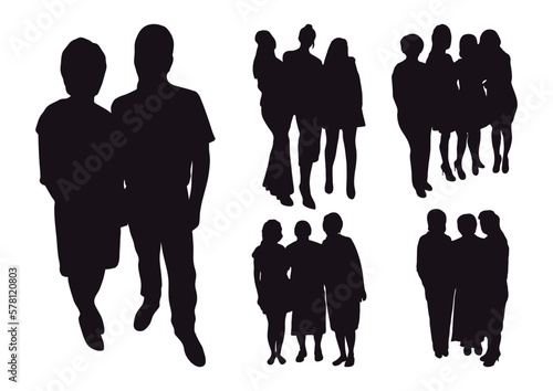 Friendship of people, men and women, hugs of relatives, silhouettes of hugging girls and guys, the concept of a warm meeting, family, love, unity