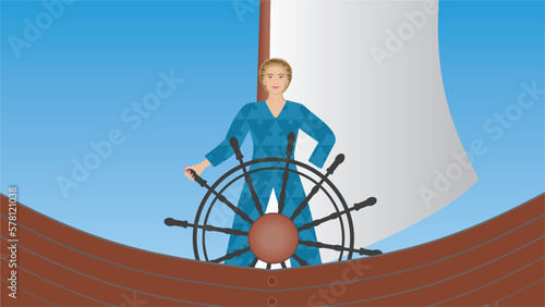Woman at steering wheel at ship. Dimension 16:9. Vector illustration.
