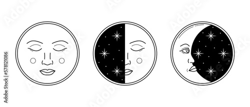 Linear vector Moon phases and faces. Isolated night sky and Crescent astrological elements