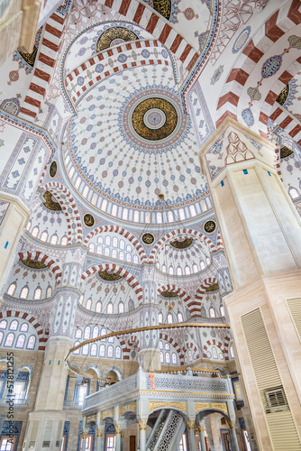 Sabanci Merkez Camii, Sabanci Central Mosque in English, interior, decoration and architecture in Adana, Turkey. The mosque is the second largest mosque in Turkey and the landmark in the city of Adana photo