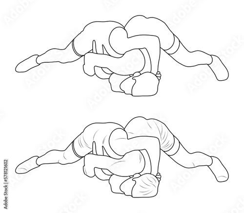 Silhouette outline athletes wrestlers in wrestling, duel, fight. Sketch line drawing greco roman, freestyle, classical wrestling.