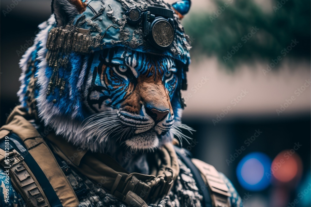 Fototapeta premium tiger headed soldier by AI Generation 