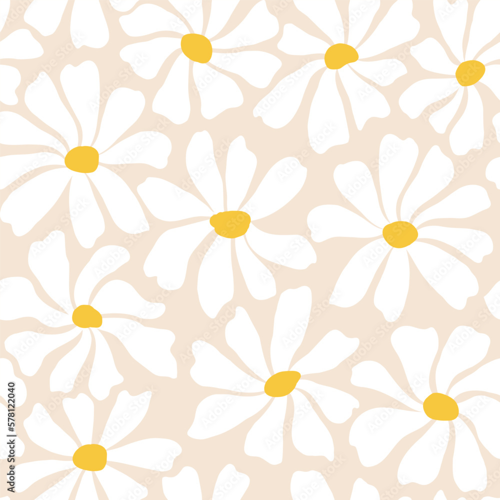 Groovy daisy flower seamless pattern. Cute hand drawn floral background.