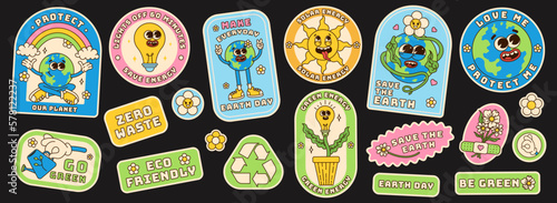 Save the planet sticker set in trendy groovy style. Earth Day. Funny vector earth character and mascot. Eco friendly conception. Vector illustration.