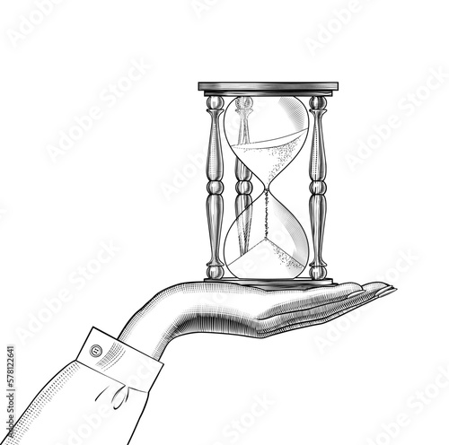Concept of passing time. Female hand with a retro hourglass. Vintage engraving stylized drawing. Vector illustration