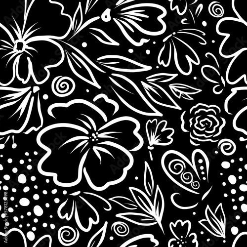 Vector seamless black and white floral pattern. Seamless pattern flowers line black. Vector illustration
