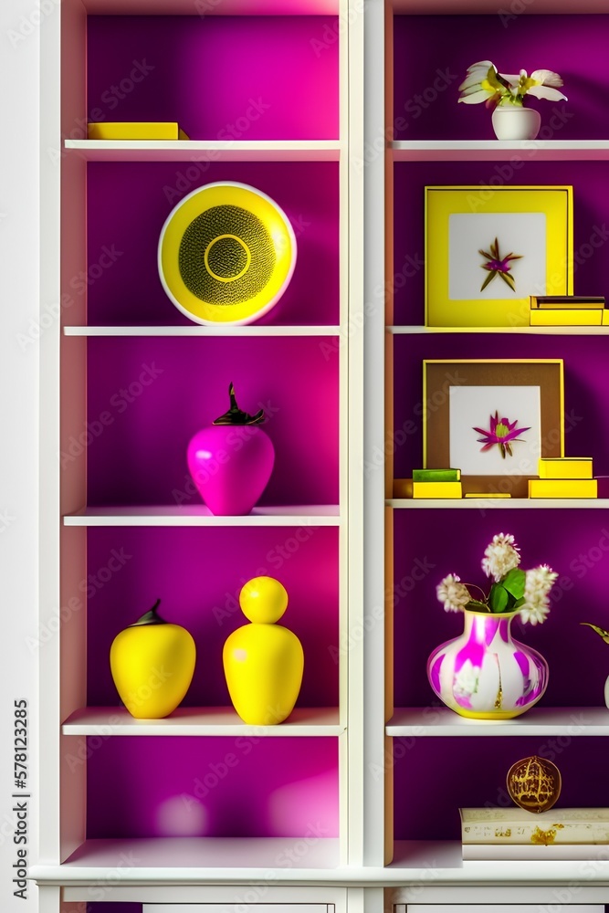 Indoor photo of fuchsia yellow and white tchotchkes on bookcase - generative ai Indoor photo of fuchsia yellow and white tchotchkes on bookcase - generative ai