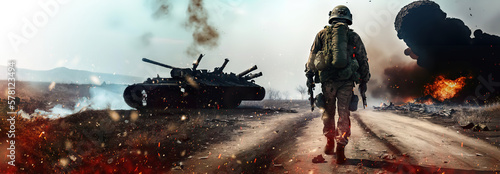 Special Forces Military soldier walking through destruction and battlefield warzone aftermath as wide banner with copyspace area for world war conflict concepts - Generative AI