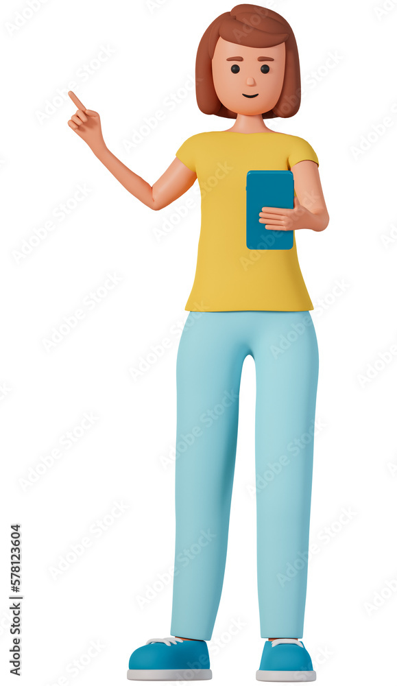 Young woman hold mobile phone with one hand and pointing at one direction with other hand 3d illustration.Full body length of adult girl pointing finger at side and hold smartphone 3d illustration Young woman hold mobile phone with one hand and pointing at one direction with other hand 3d illustration.Full body length of adult girl pointing finger at side and hold smartphone 3d illustration