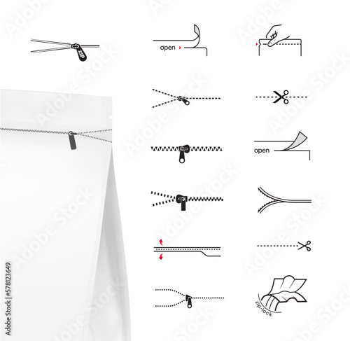 A set of icons for zippers and scissors. Set for package, shows the place of opening, reopening. EPS10.