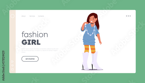 Fashion Girl, Childhood Landing Page Template. Little Girl Trying On Her Mother Boots on High Heels, Struggling To Walk