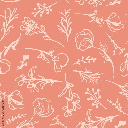 Doodled, hand drawn flowers with leaves seamless repeat pattern. Random placed, line art, vector botanical elements all over surface print on pink background.