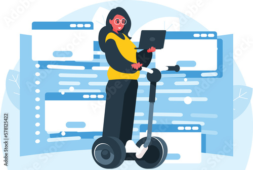 Female programmer rides on a gyro scooter holding a laptop in his hand. Female student on a gyroboard. Control panel screen with program code. Programming languages. Vector graphics