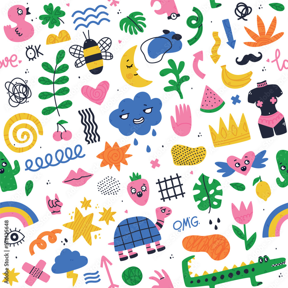 Creative Elements and Doodle Colorful Shapes and Forms Vector Seamless Pattern Template