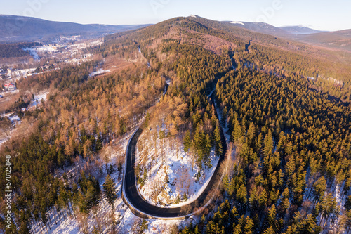Fototapeta Naklejka Na Ścianę i Meble -  Aerial view of mountain road in Sudety mountains in Poland