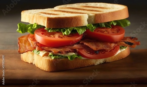  a bacon, tomato and lettuce sandwich on a cutting board.  generative ai