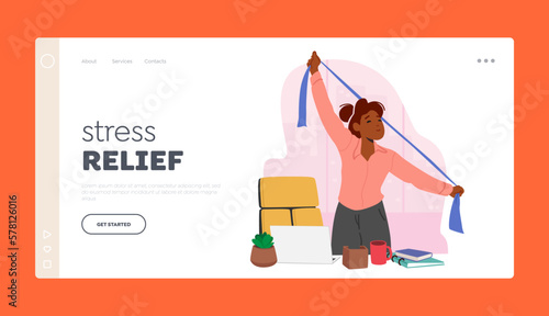 Stress Relief Landing Page Template. Female Exercising in Office, Woman Need For Physical Activity During Work Hours