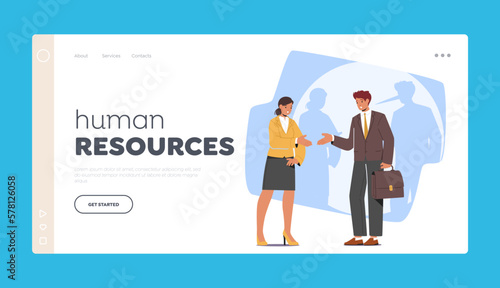 Human Resources Landing Page Template. Smiling Liar Man with Long Nose Shade Stretching Hand to Female Character