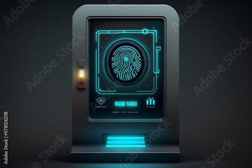 Biometrics identification and cyber security concept. Glowing neon fingerprint on dark background. Generative AI