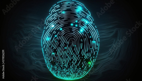 Biometrics identification and cyber security concept. Glowing neon fingerprint on dark background. Generative AI