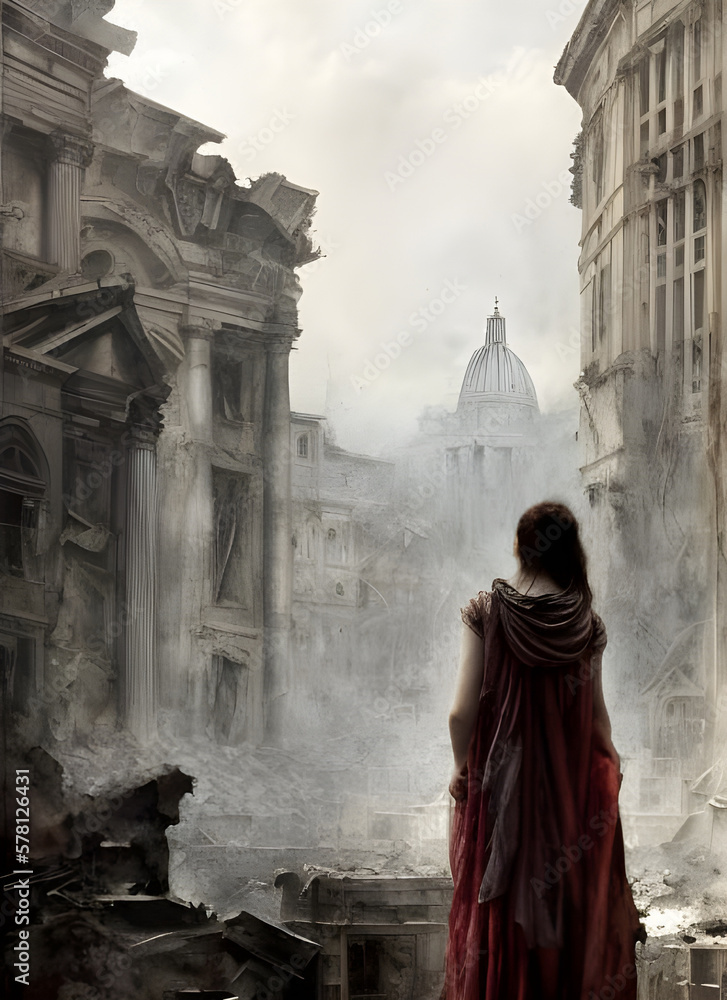 Painting of a woman standing looking at the ruins of a deserted ancient city. generative ai