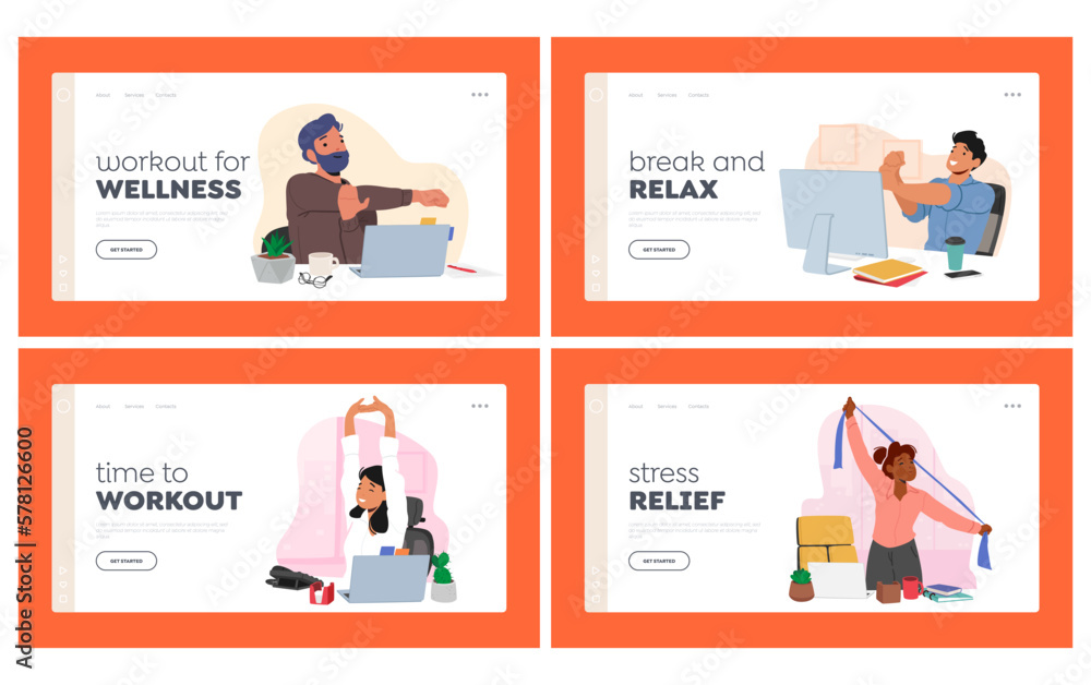 Healthy Habits In Workplace Landing Page Template Set. Male and Female Characters Workout In Office Vector Illustration