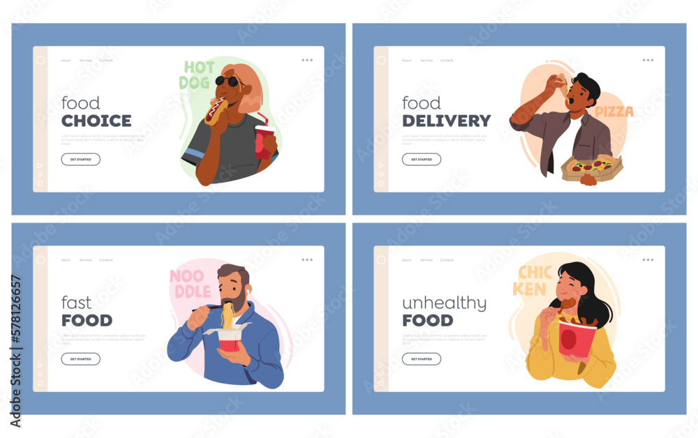 Food Choice Landing Page Template Set. Characters Indulging In Fast Food, Men and Women With Burger, Fries, Noodles Food Choice Landing Page Template Set. Characters Indulging In Fast Food, Men and Women With Burger, Fries, Noodles