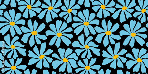 Groovy daisy flower seamless pattern. Cute hand drawn floral background.
