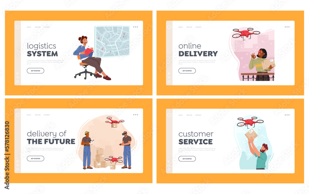 Drones Delivery Service Landing Page Template Set. Technology of Air Transportation Goods To Customers