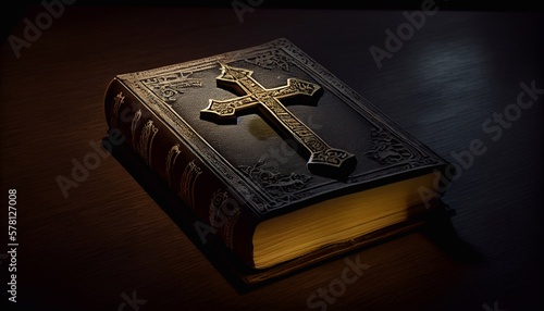 Black Bible with a cross on the cover on a table in a dark room. Generative AI.