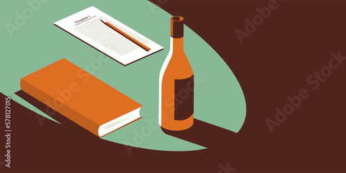 A bottle, a book and a sheet of paper with a pencil next to it. In retro style.