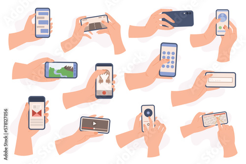 Set of Hands Holding Smartphones. People Using Touch Gestures For Mobile Phone While Reading, Press And Point