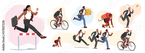 Set Of Business People Characters Take Part In Running Competition. Businessman Holding Glowing Light Bulb